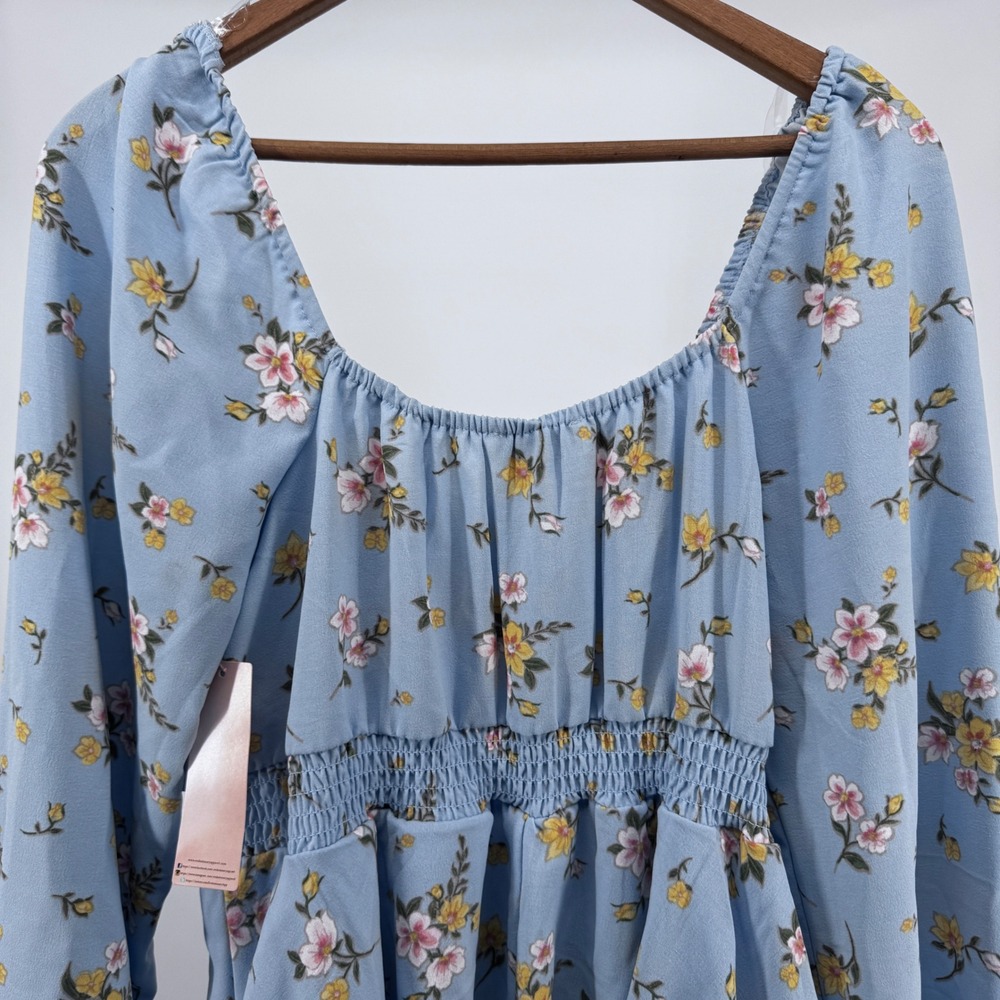 Inspired Hearts Blue Floral Long Sleeve Romper Dress Smocked Tie Women's Size L - Picture 2 of 11
